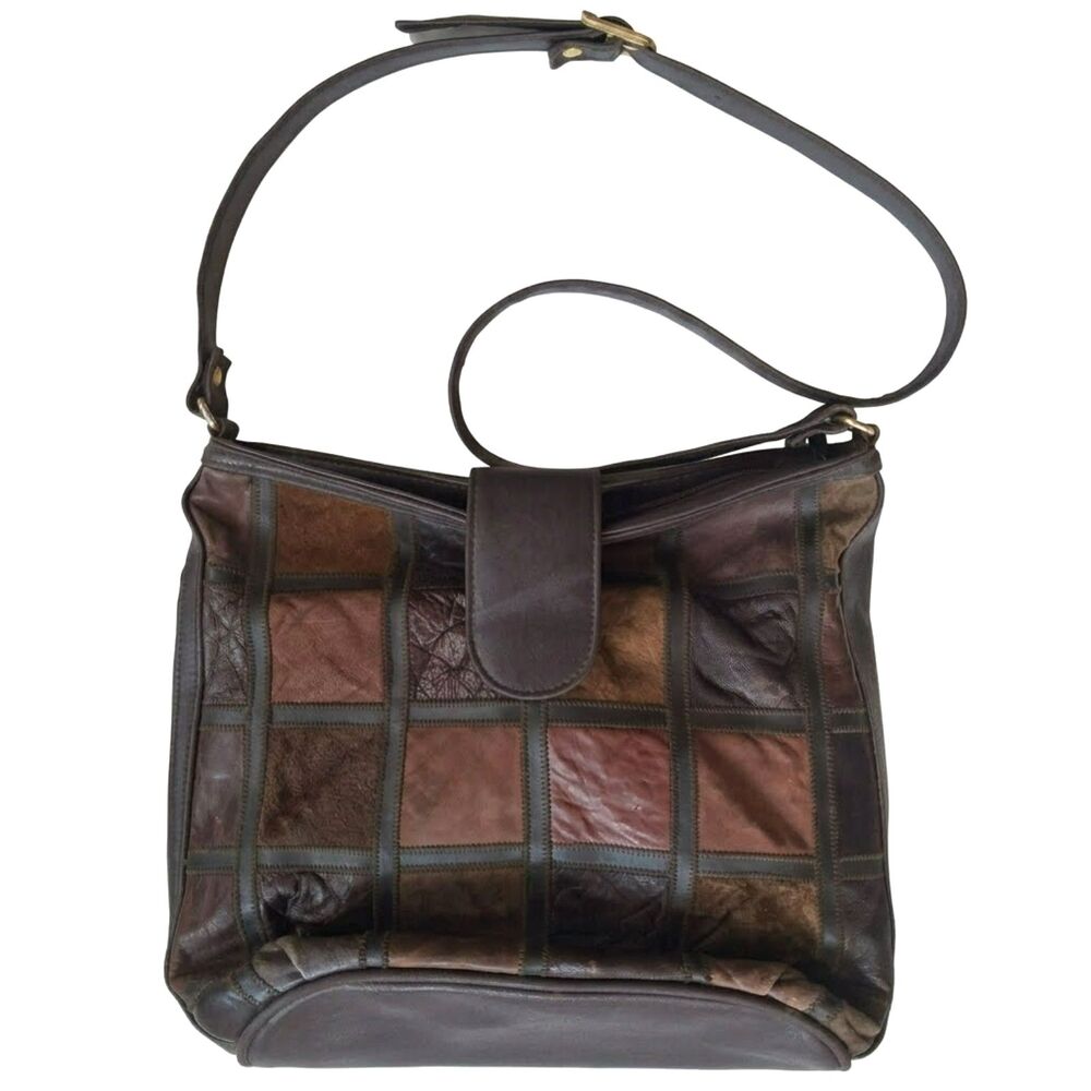 Vintage Brown Patchwork Leather Suede Hobo Bag Boho Whimsigoth Y2K Purse